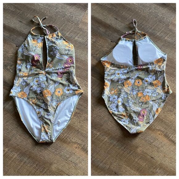 SHEIN Halter Swimsuit 1XL NEW  One Piece Olive Floral Beach - Picture 4 of 8